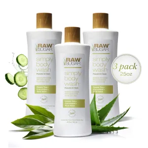 RAW SUGAR Sensitive Skin Simply Body Wash - Green Tea   Cucumber   Aloe Vera, Moisturizing & Brightening Bath & Shower Gel, Sulfate-Free, Paraben-Free & Vegan (Pack of 3)