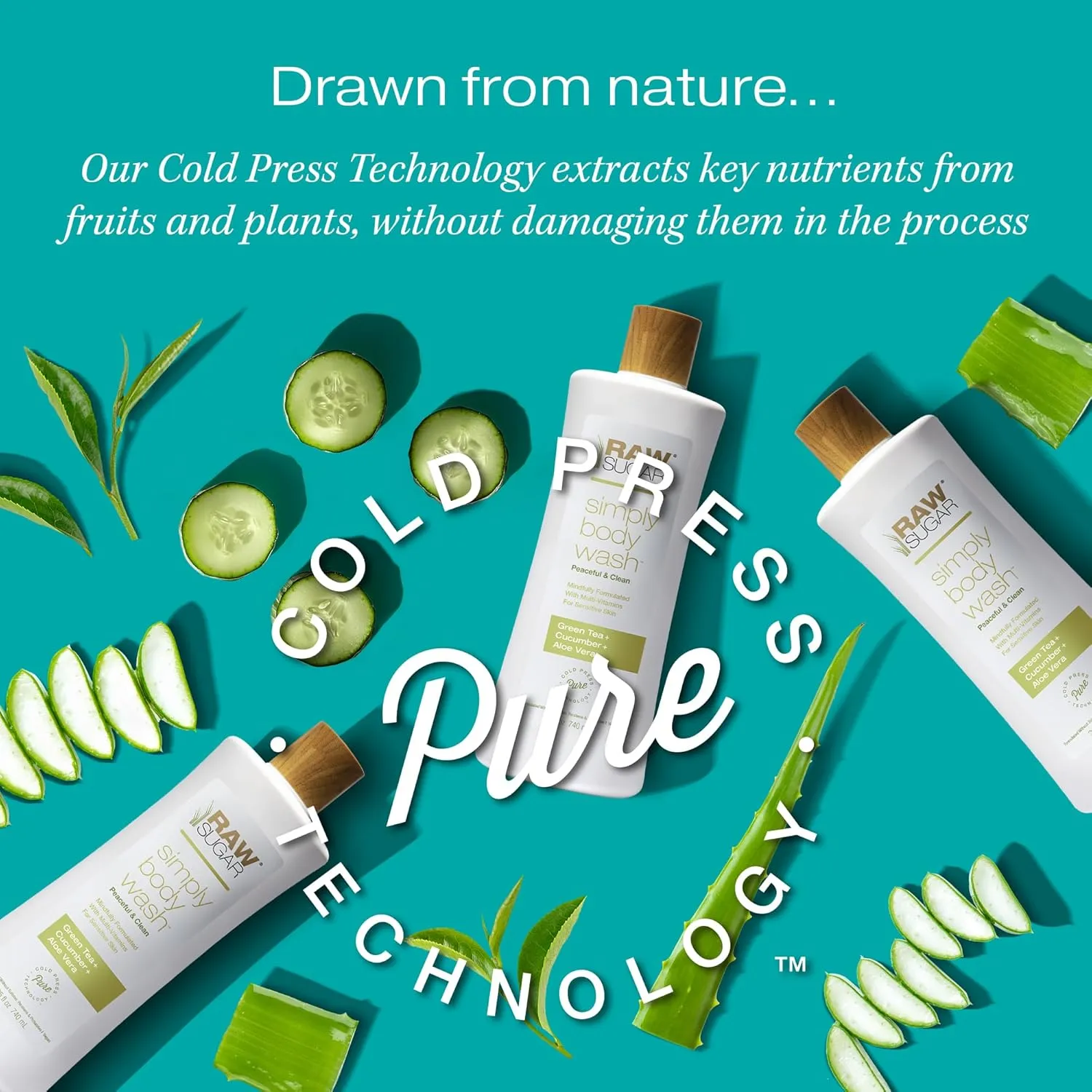 RAW SUGAR Sensitive Skin Simply Body Wash - Green Tea   Cucumber   Aloe Vera, Moisturizing & Brightening Bath & Shower Gel, Sulfate-Free, Paraben-Free & Vegan (Pack of 3)