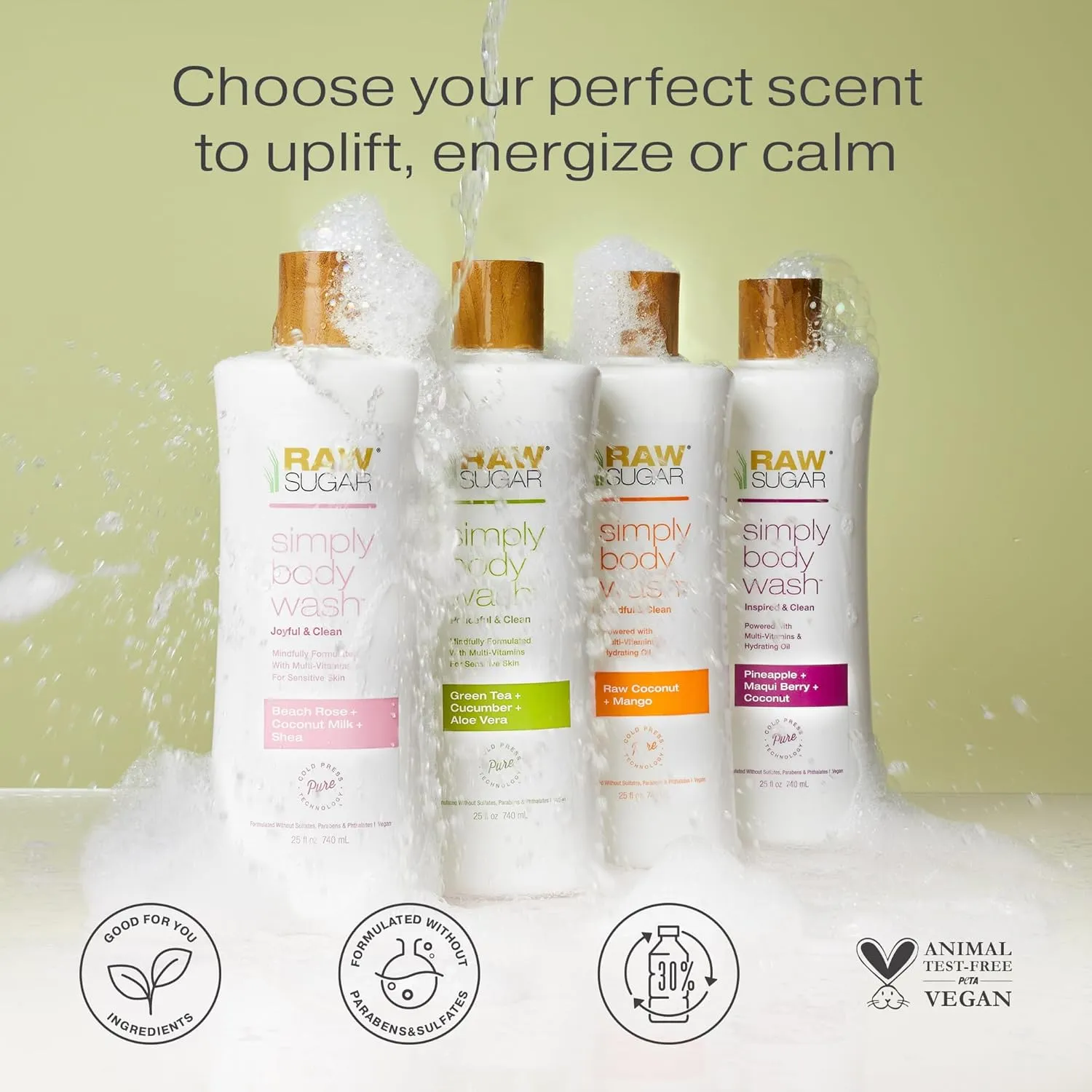 RAW SUGAR Sensitive Skin Simply Body Wash - Green Tea   Cucumber   Aloe Vera, Moisturizing & Brightening Bath & Shower Gel, Sulfate-Free, Paraben-Free & Vegan (Pack of 3)