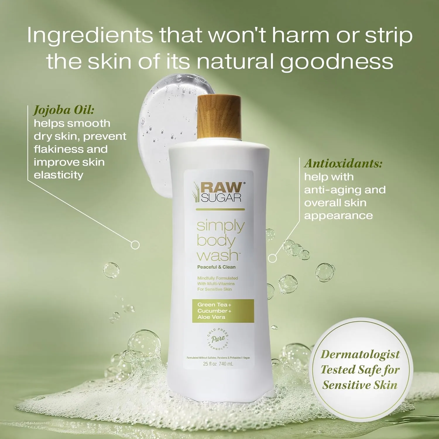RAW SUGAR Sensitive Skin Simply Body Wash - Green Tea   Cucumber   Aloe Vera, Moisturizing & Brightening Bath & Shower Gel, Sulfate-Free, Paraben-Free & Vegan (Pack of 3)