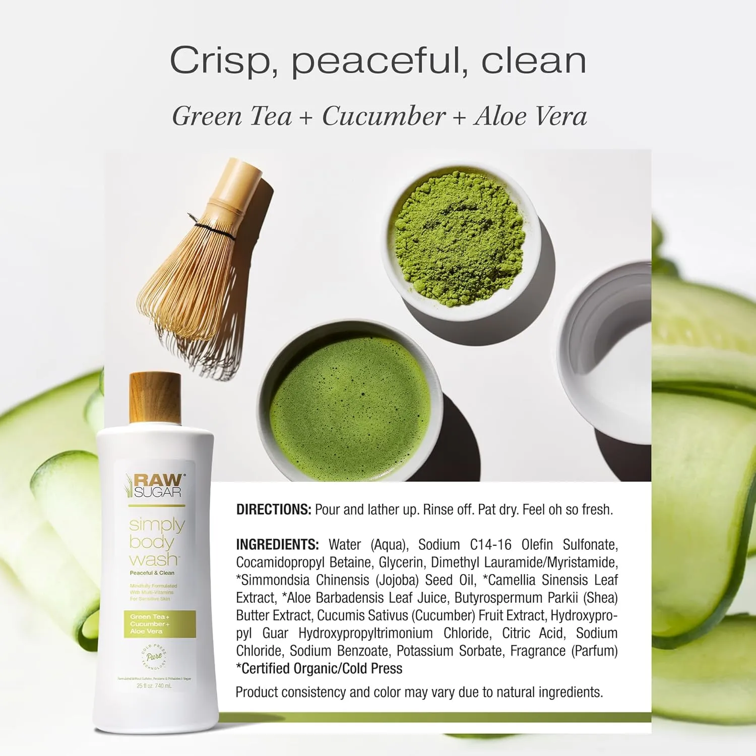 RAW SUGAR Sensitive Skin Simply Body Wash - Green Tea   Cucumber   Aloe Vera, Moisturizing & Brightening Bath & Shower Gel, Sulfate-Free, Paraben-Free & Vegan (Pack of 3)