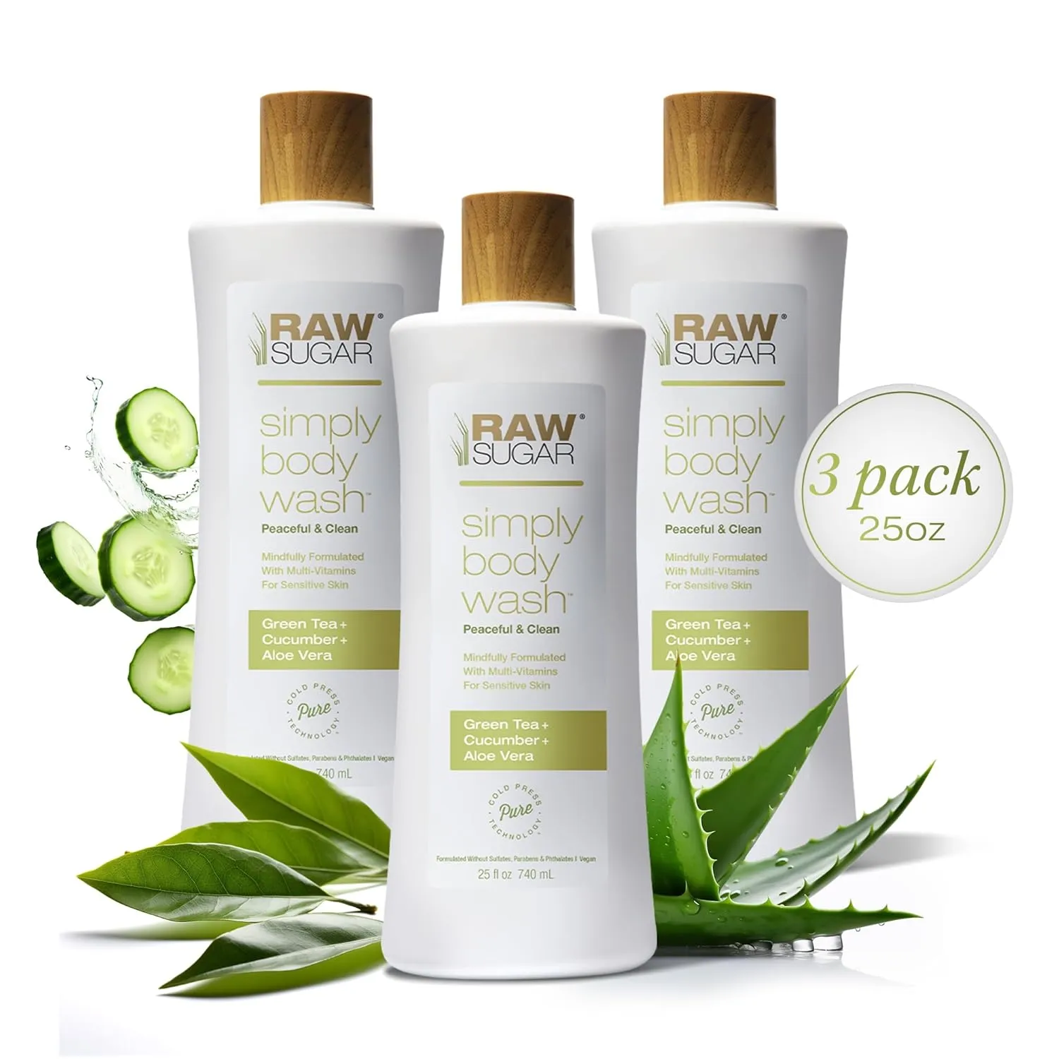 RAW SUGAR Sensitive Skin Simply Body Wash - Green Tea   Cucumber   Aloe Vera, Moisturizing & Brightening Bath & Shower Gel, Sulfate-Free, Paraben-Free & Vegan (Pack of 3)