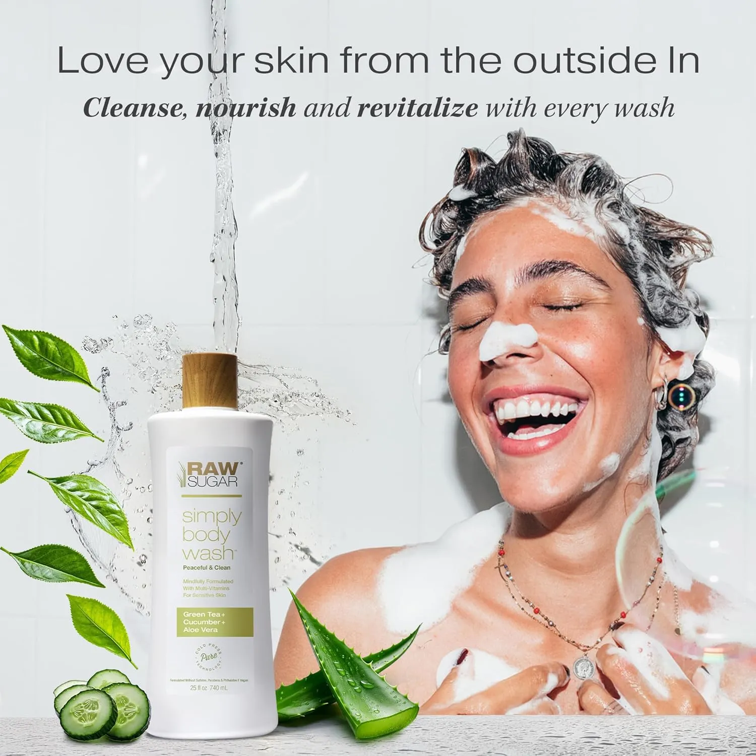 RAW SUGAR Sensitive Skin Simply Body Wash - Green Tea   Cucumber   Aloe Vera, Moisturizing & Brightening Bath & Shower Gel, Sulfate-Free, Paraben-Free & Vegan (Pack of 3)