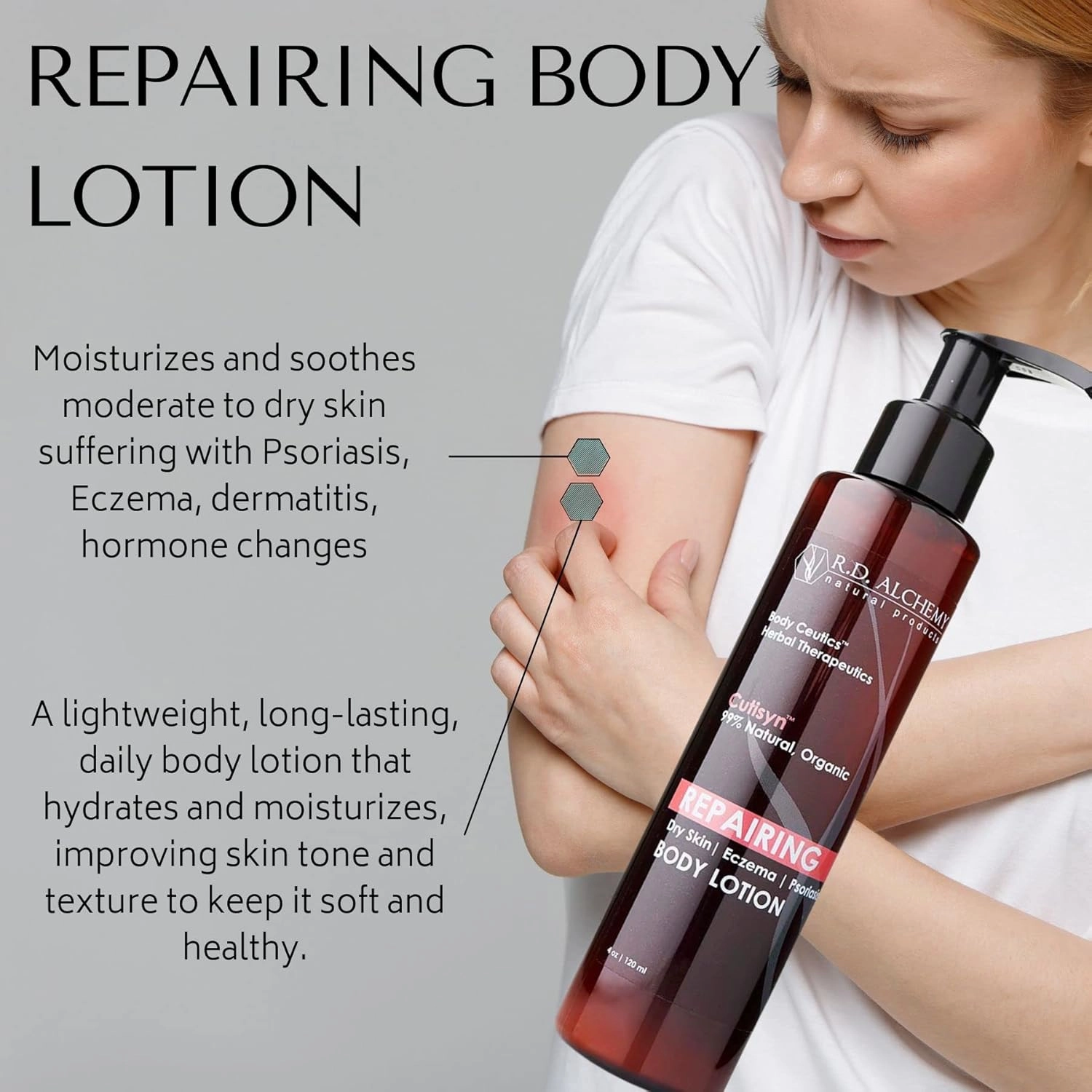 RD Alchemy - 99% Natural & Organic Repairing Body Lotion for Dry Damaged Skin. Healing Herbal Extracts & Nourishing Oils w/Vitamin E Moisturize & Protect for Long Lasting Hydration.