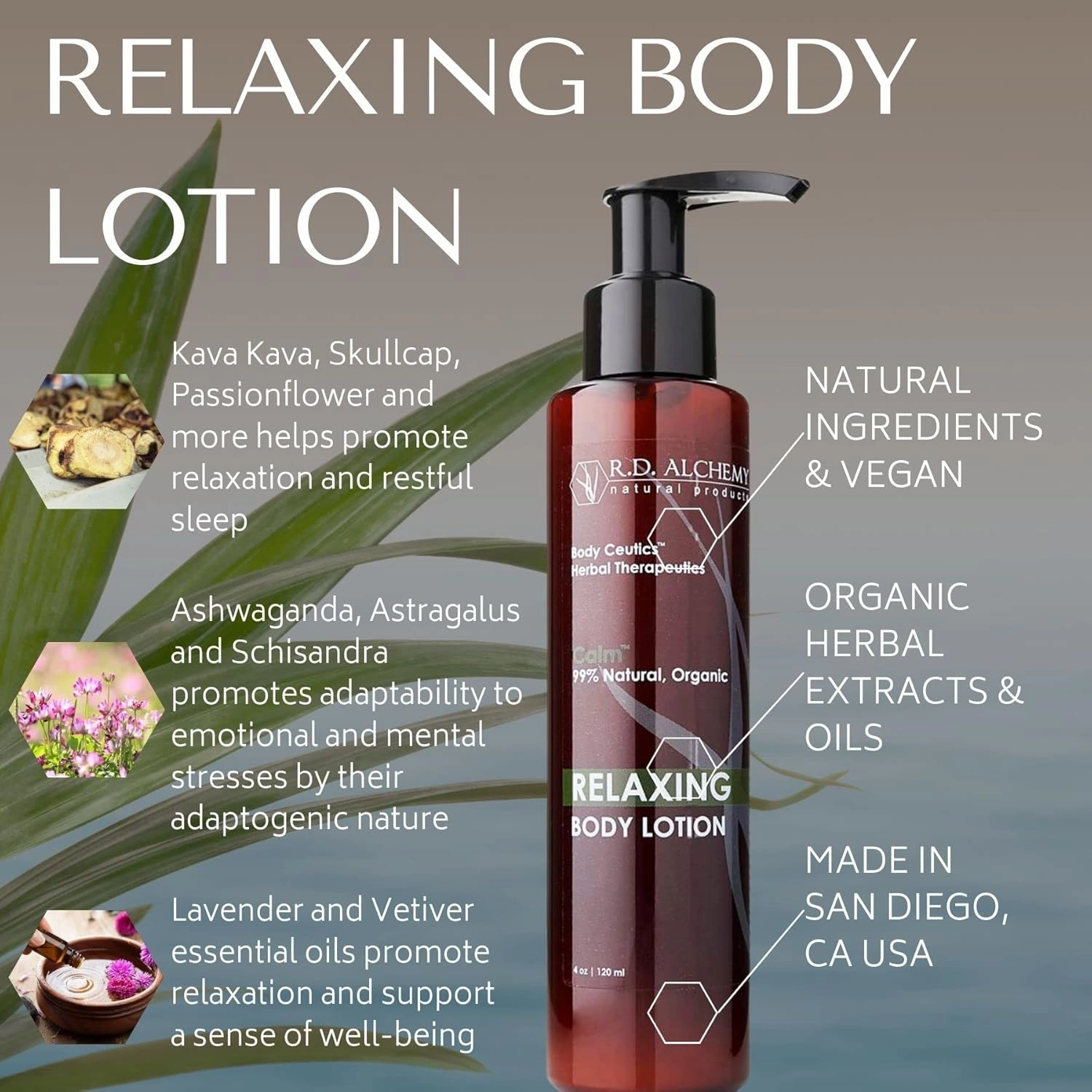 RD Alchemy - Natural & Organic Relaxing Body Lotion with Aromatherapy Stress Relief and Sleep Benefits. Lavender Essential Oil, Kava Kava, Skullcap, & more calm the body, & quiet the mind