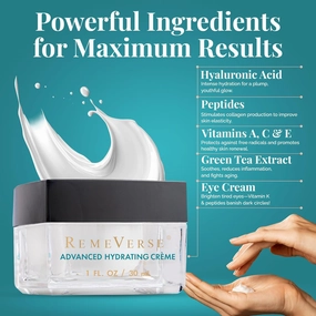 RemeVerse Advanced Hydrating Crème - Face Moisturizer with Hyaluronic Acid, Peptides & Vitamins - Ultra Hydration for All Skin Types - Long-Lasting Moisture & Nourishing Facial Cream for Women & Men