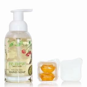 renew bath   body Foaming Hand Soap Kit (LAND Design) with 3 hand soap refills and zero waste reusable glass bottle - natural soap - vegan - cruelty free - made in the USA - Gardenia & Lemon Scent