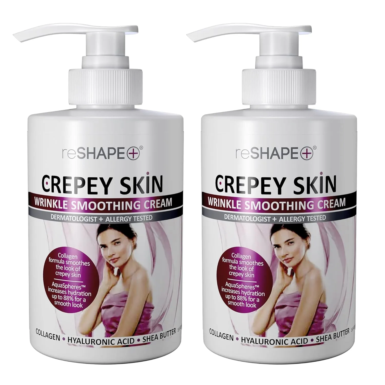 Reshape  Crepey Skin Treatment Cream Wrinkle Smoothing Lotion Anti Aging Skin Care Moisturizer For Face, Arms, Neck, & Body W/Collagen & Hyaluronic Acid To Plump Sagging Skin, 15 Fl Oz (Pack of 2)