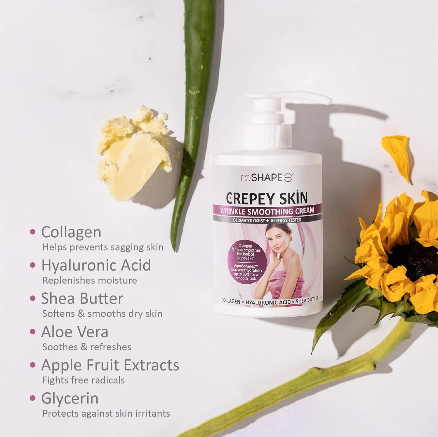 Reshape  Crepey Skin Treatment Cream Wrinkle Smoothing Lotion Anti Aging Skin Care Moisturizer For Face, Arms, Neck, & Body W/Collagen & Hyaluronic Acid To Plump Sagging Skin, 15 Fl Oz (Pack of 2)