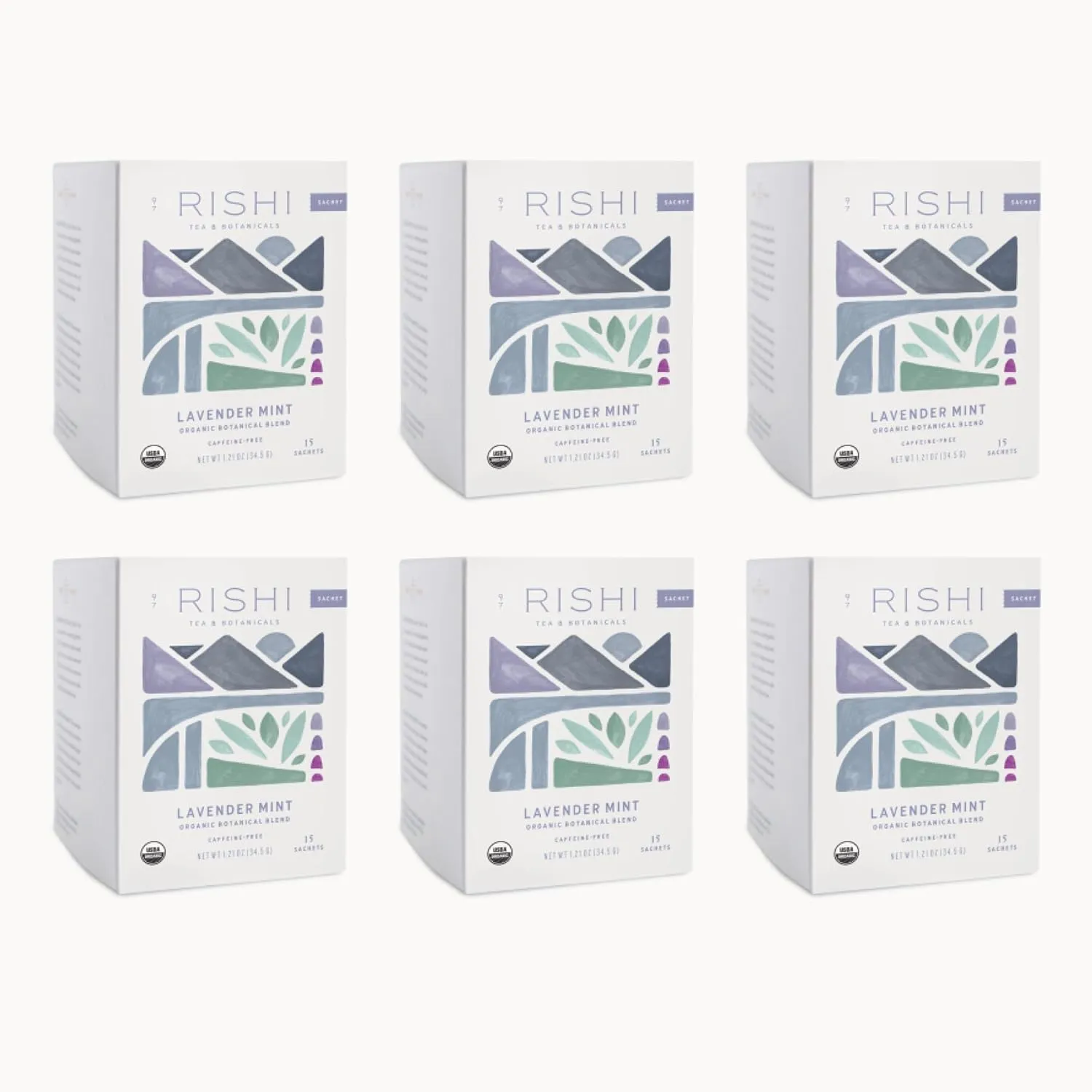 Rishi Tea Lavender Mint Herbal Tea - Organic, Caffeine Free Sachet Bags, Calming Lavender with Peppermint & Sage - 15 Count (Pack of 6)