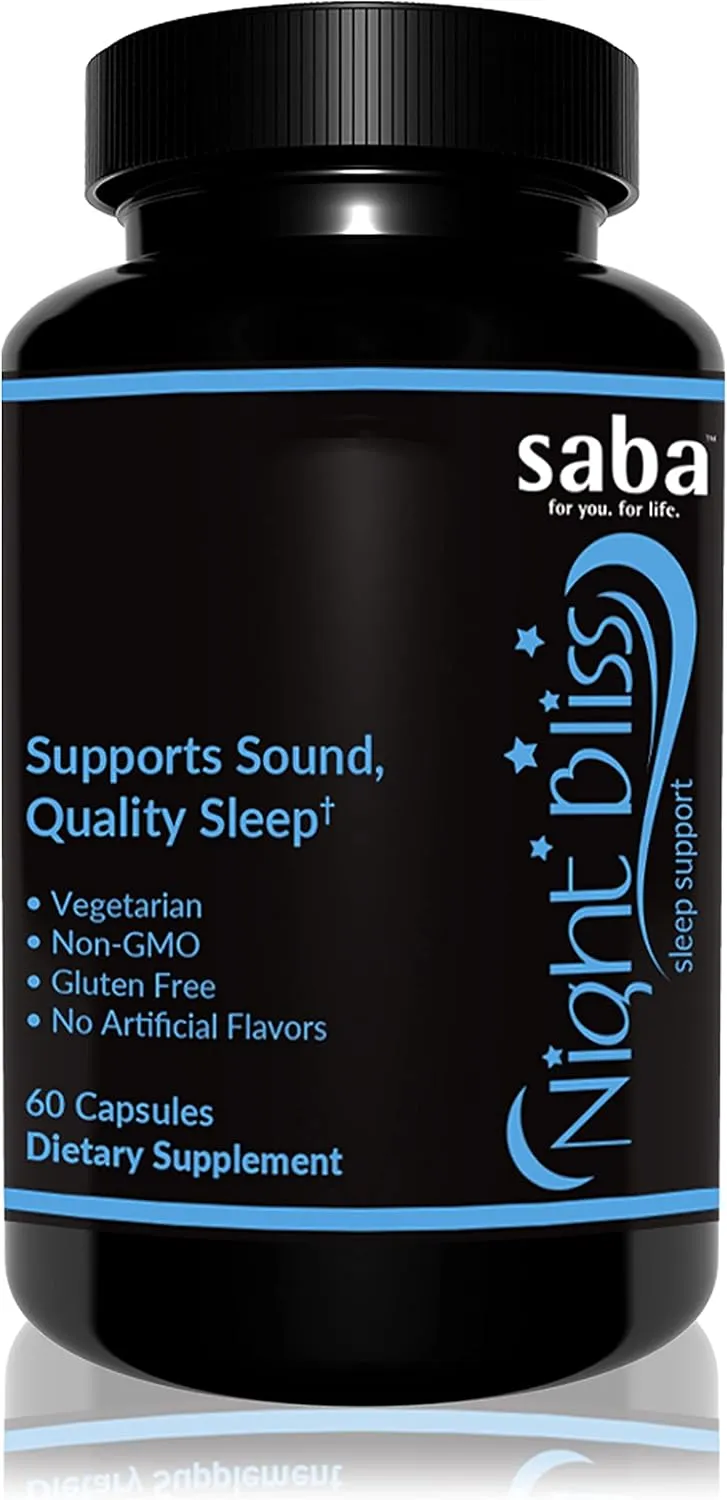 Saba Night Bliss Natural Sleep Aid | Non-Habit Forming | Sleep Supplement for Longer Sleep & Stress Relief w/Magnesium, Melatonin, GABA, Chamomile, & Valerian (60 Vegan Capsules, 30 Day Supply)