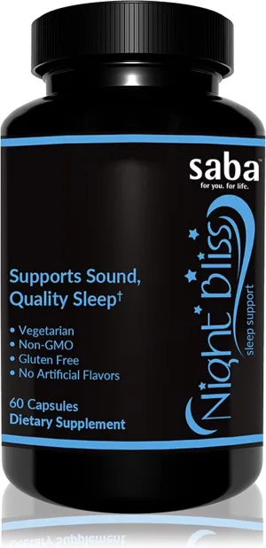 Saba Night Bliss Natural Sleep Aid | Non-Habit Forming | Sleep Supplement for Longer Sleep & Stress Relief w/Magnesium, Melatonin, GABA, Chamomile, & Valerian (60 Vegan Capsules, 30 Day Supply)
