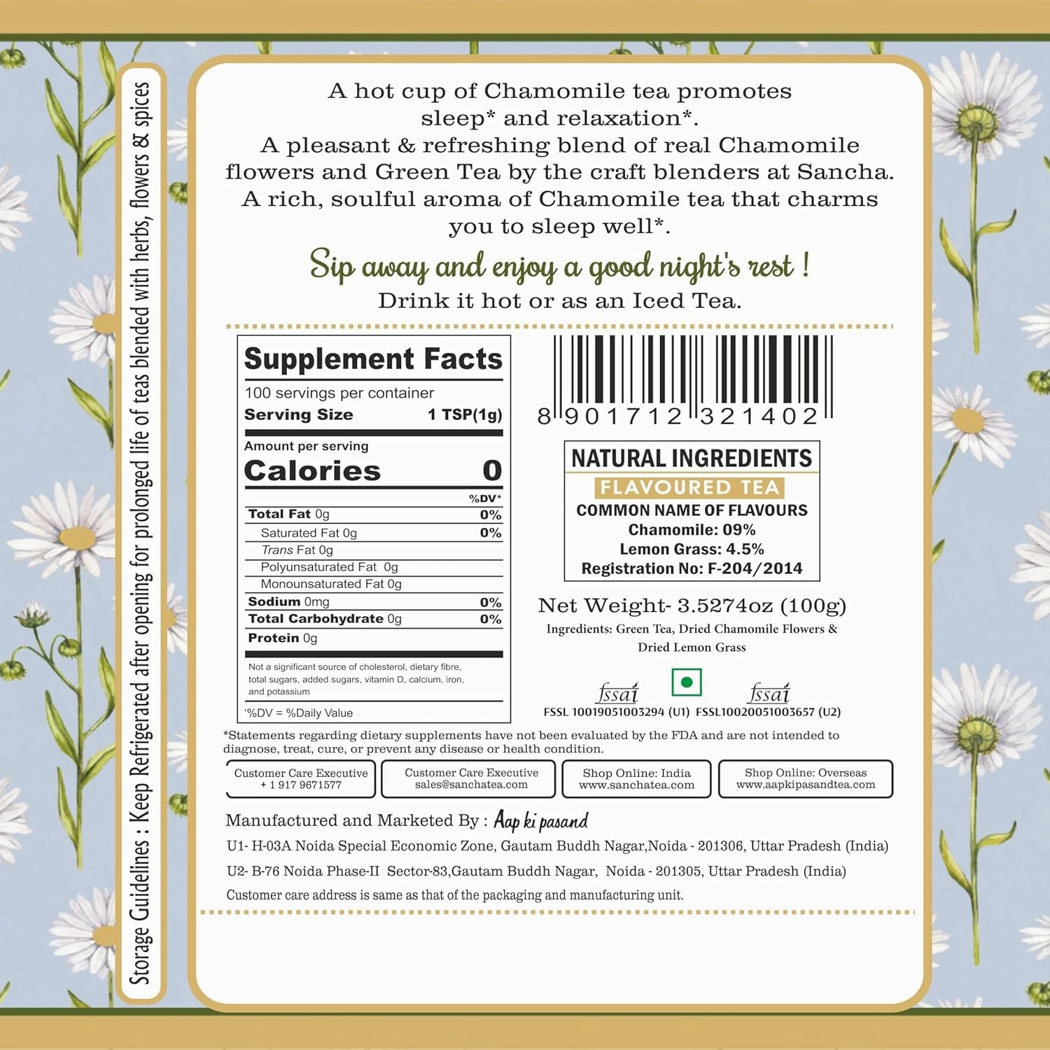 Sancha Tea Boutique, Chamomile Green Tea, Green Teas for Stress & Anxiety, Finest Bed time & Night Time, 100g Loose Leaves, Floral & Vegetal Notes