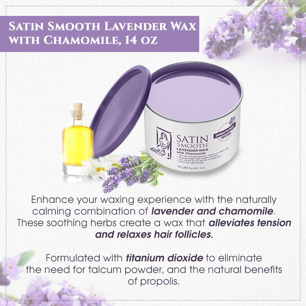 Satin Smooth Lavender Wax with Chamomile, Facial and Full Body Hair Removal Wax, Soothes and Calms, Ideal for Sensitive Skin, Waxing Kit, 14oz, 1-pack