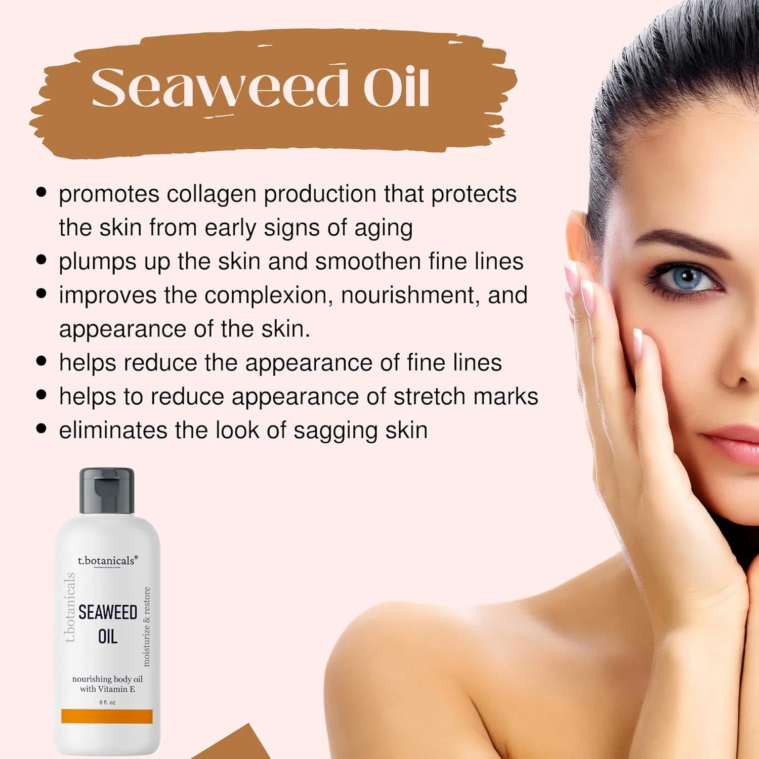 Seaweed Body Oil 8 oz. Nourishing Sea Moss Oil Fast Absorbing Firming Anti-Aging Non-Greasy Oil Day and Night Massage Kelp Moisturizer for Dry Dull, Sagging Skin, Face, Hair, Foot, Hands (Unscented)