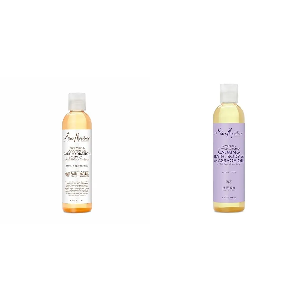 SheaMoisture Daily Hydration Body Oil Virgin Coconut Oil For Dry Skin Paraben Free 8 oz & Bath, Body and Massage Oil Lavender Wild Orchid Calming Moisturizer for Sensitive Skin 8 oz