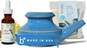 Sinus Ayurvedic Care Kit - Ceramic Neti Pot, Perfect for Sinus Relief. (1 oz) Premium Quality Essential Oils and Mineral Salt Rinse, 2 oz (Blue)