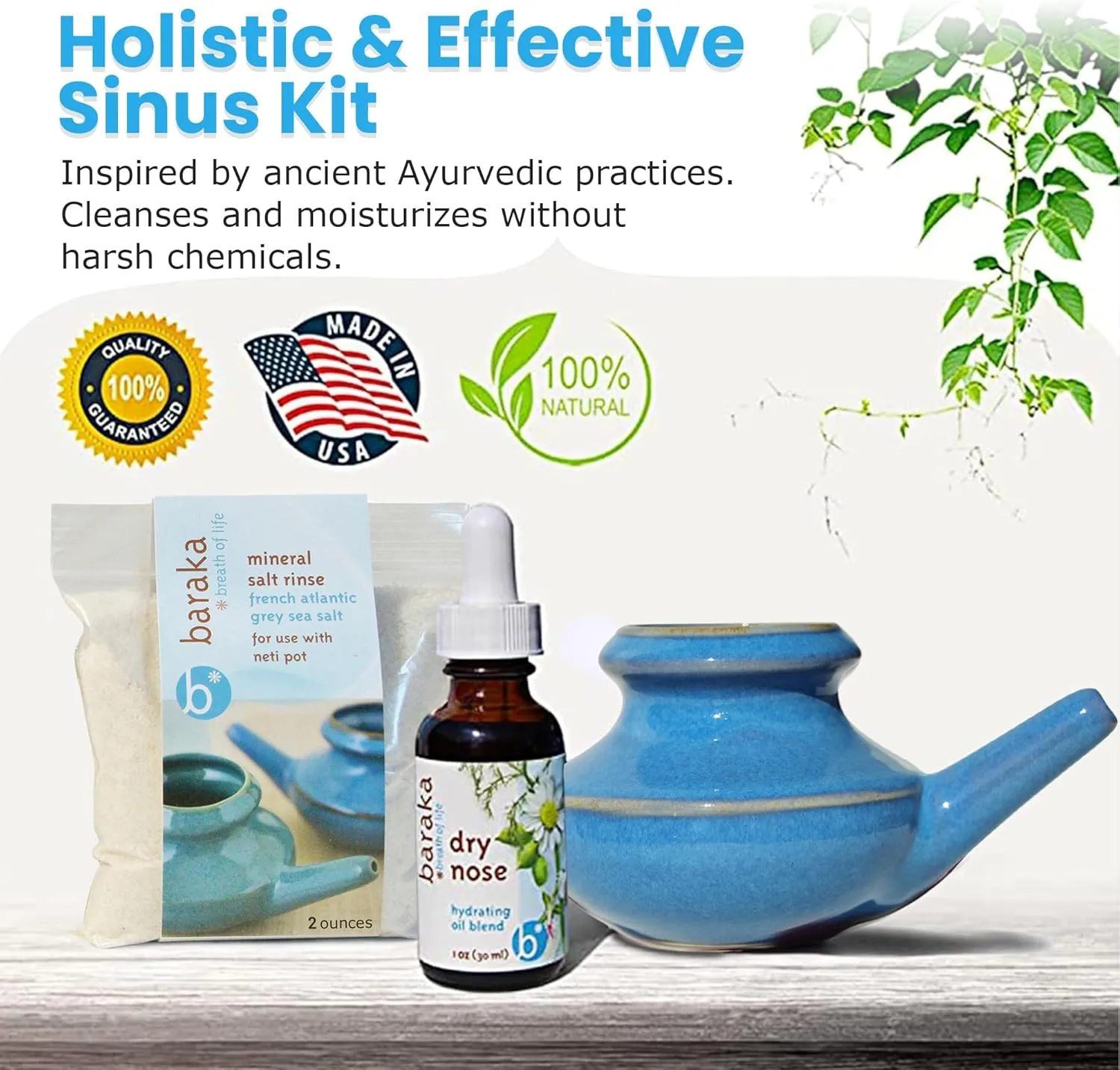 Sinus Ayurvedic Care Kit - Ceramic Neti Pot, Perfect for Sinus Relief. (1 oz) Premium Quality Essential Oils and Mineral Salt Rinse, 2 oz (Blue)