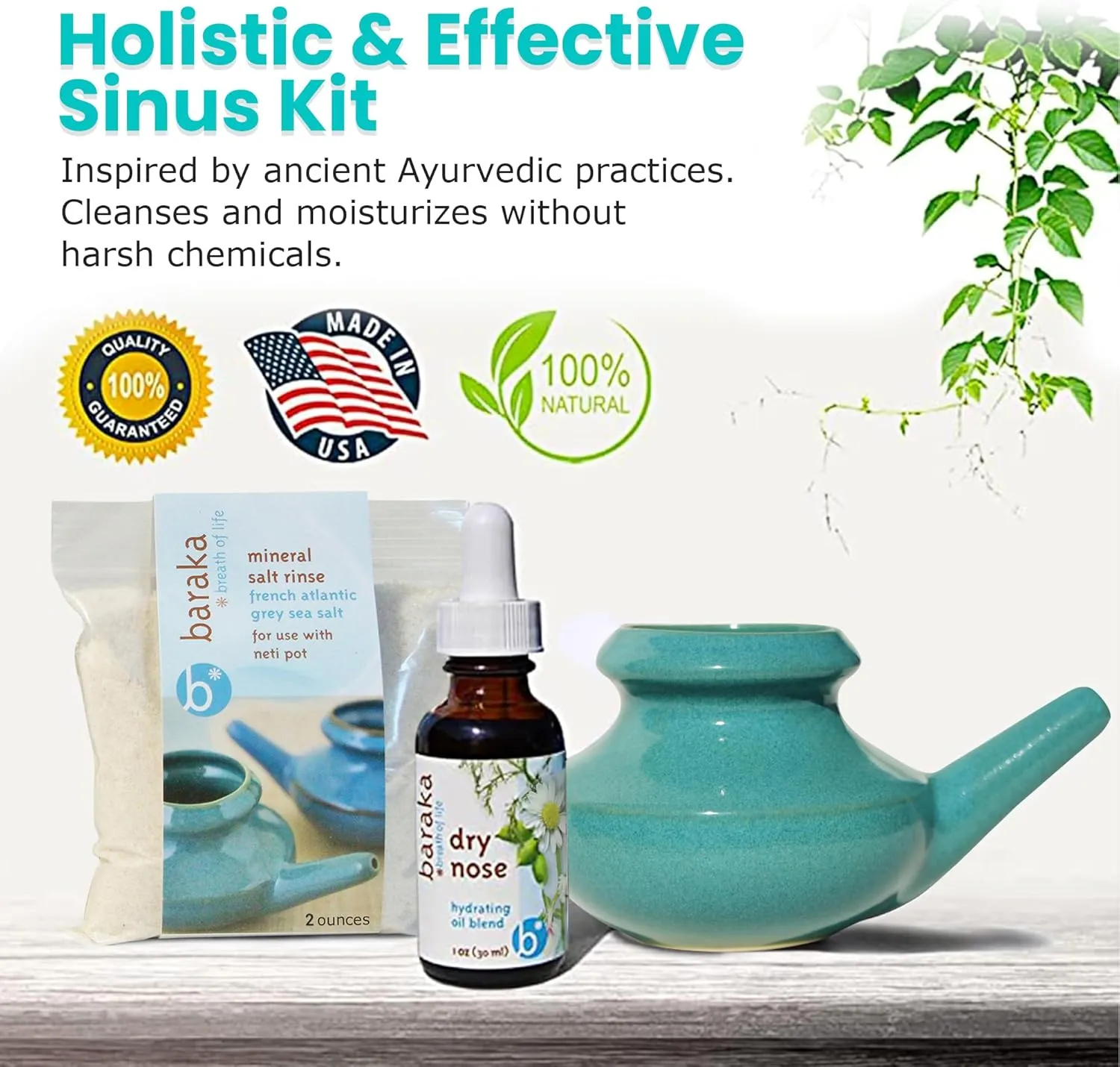 Sinus Ayurvedic Care Kit - Ceramic Neti Pot, Perfect for Sinus Relief. (1 oz) Premium Quality Essential Oils and Mineral Salt Rinse, 2 oz. (Jade)