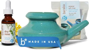 Sinus Ayurvedic Care Kit - Ceramic Neti Pot, Perfect for Sinus Relief. (1 oz) Premium Quality Essential Oils and Mineral Salt Rinse, 2 oz. (Jade)