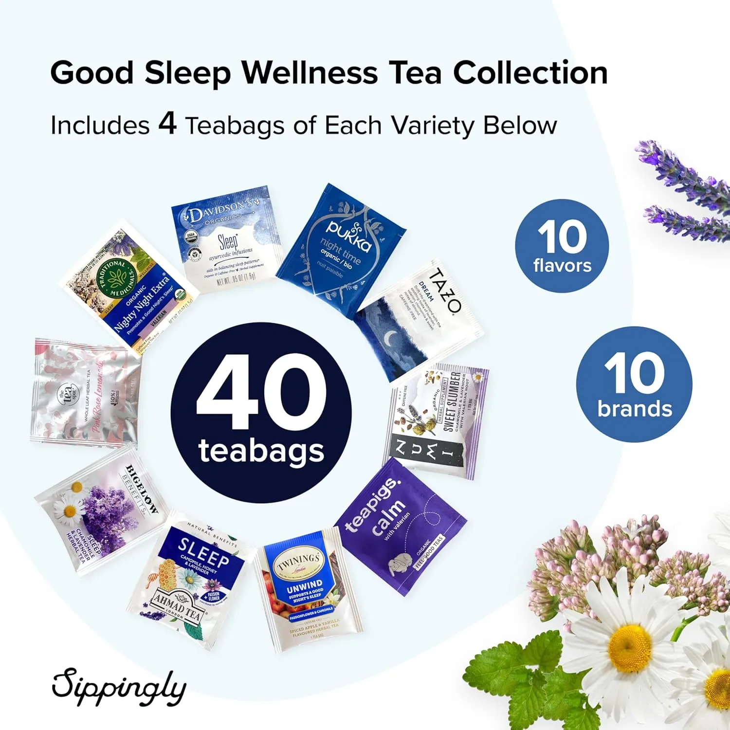 Sippingly Sleep Tea Sampler – 40 Herbal Tea Bags, 10 Calming Flavors with Valerian Root, Passionflower, and Lavender – Bedtime, Nighttime Tea for Sleep and Relaxation