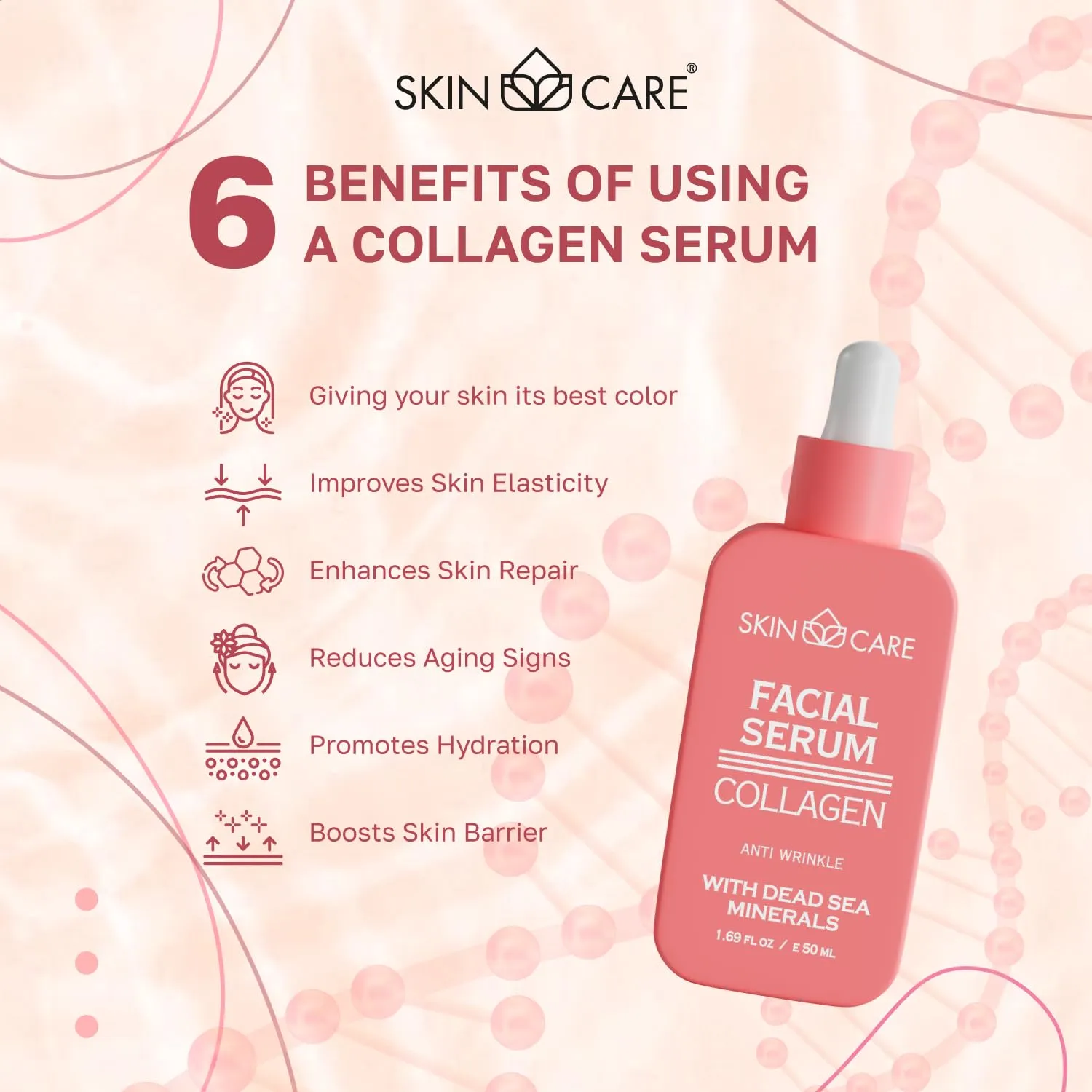 Skin Care Collagen Serum - Rejuvenates Moisturizes Nourishes and Soothes Face - Enriched with Dead Sea Minerals for All Skin Types - Hydrating Facial Care Treatment 1.69 fl.oz