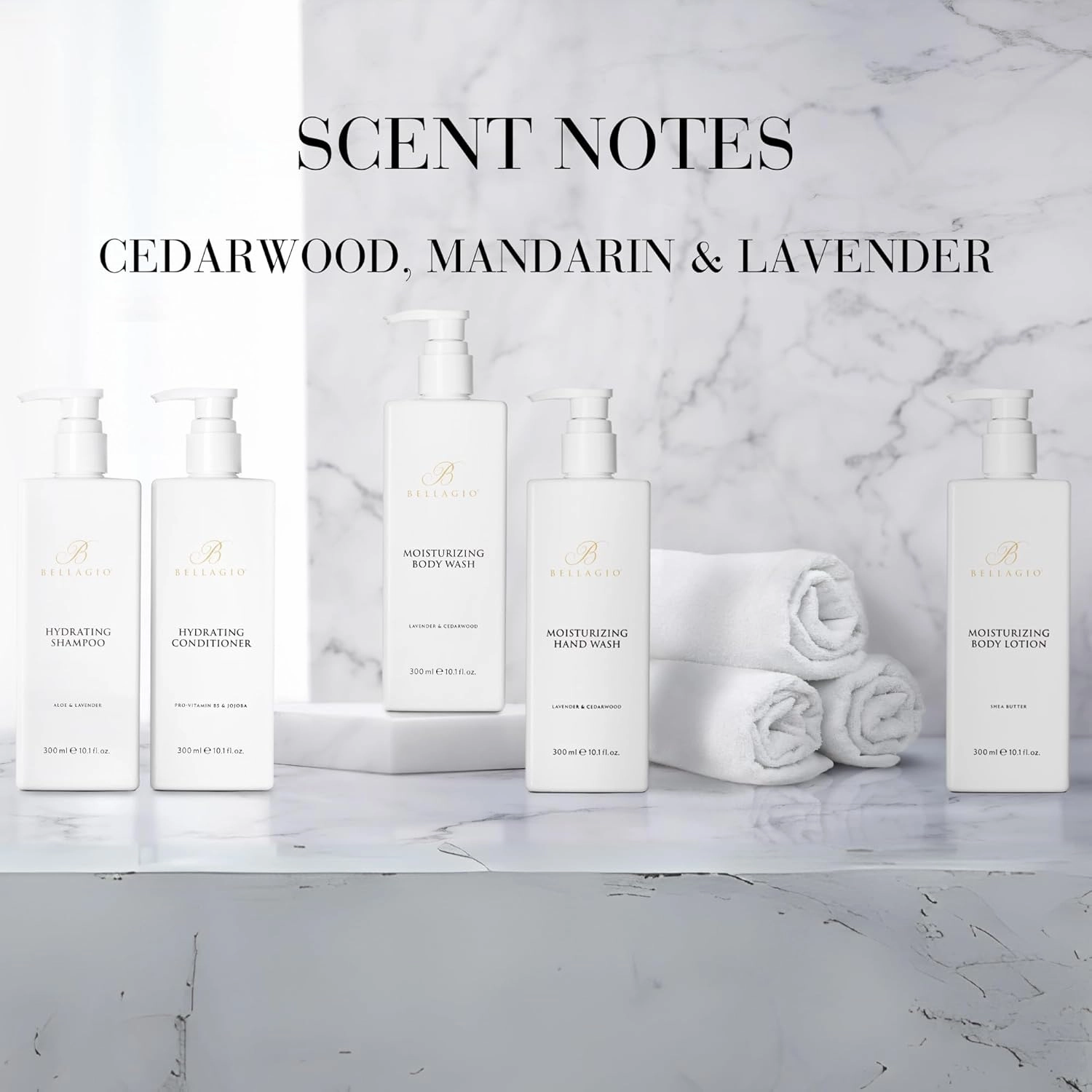 Skin Care Set - Hand Wash & Body Lotion - Scented with Cedarwood, Green Mandarin, Lavender - Hotel Body Care Amenities - 10 oz, White