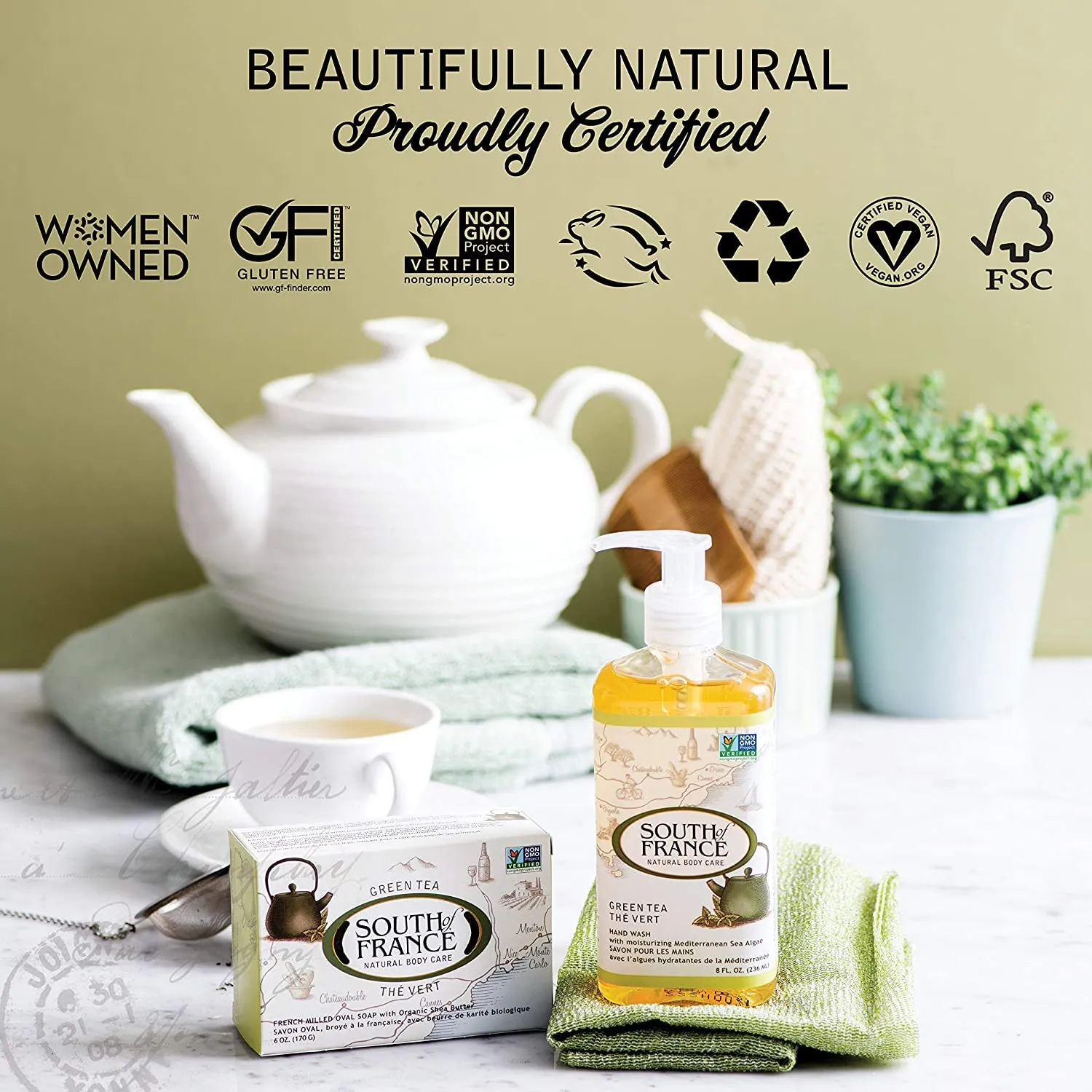 SoF Triple Milled Bar Soap - With Coconut Oil & Organic Shea Butter- Vegan & Non GMO- Free From Phthalates, Sulfates & Parabens- Green Tea Leaves - 6 oz Bar 4 Bars