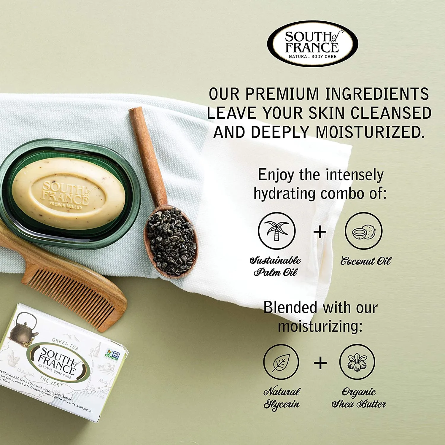 SoF Triple Milled Bar Soap - With Coconut Oil & Organic Shea Butter- Vegan & Non GMO- Free From Phthalates, Sulfates & Parabens- Green Tea Leaves - 6 oz Bar 4 Bars