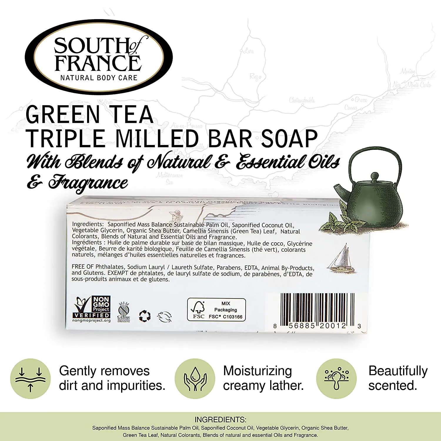 SoF Triple Milled Bar Soap - With Coconut Oil & Organic Shea Butter- Vegan & Non GMO- Free From Phthalates, Sulfates & Parabens- Green Tea Leaves - 6 oz Bar 4 Bars