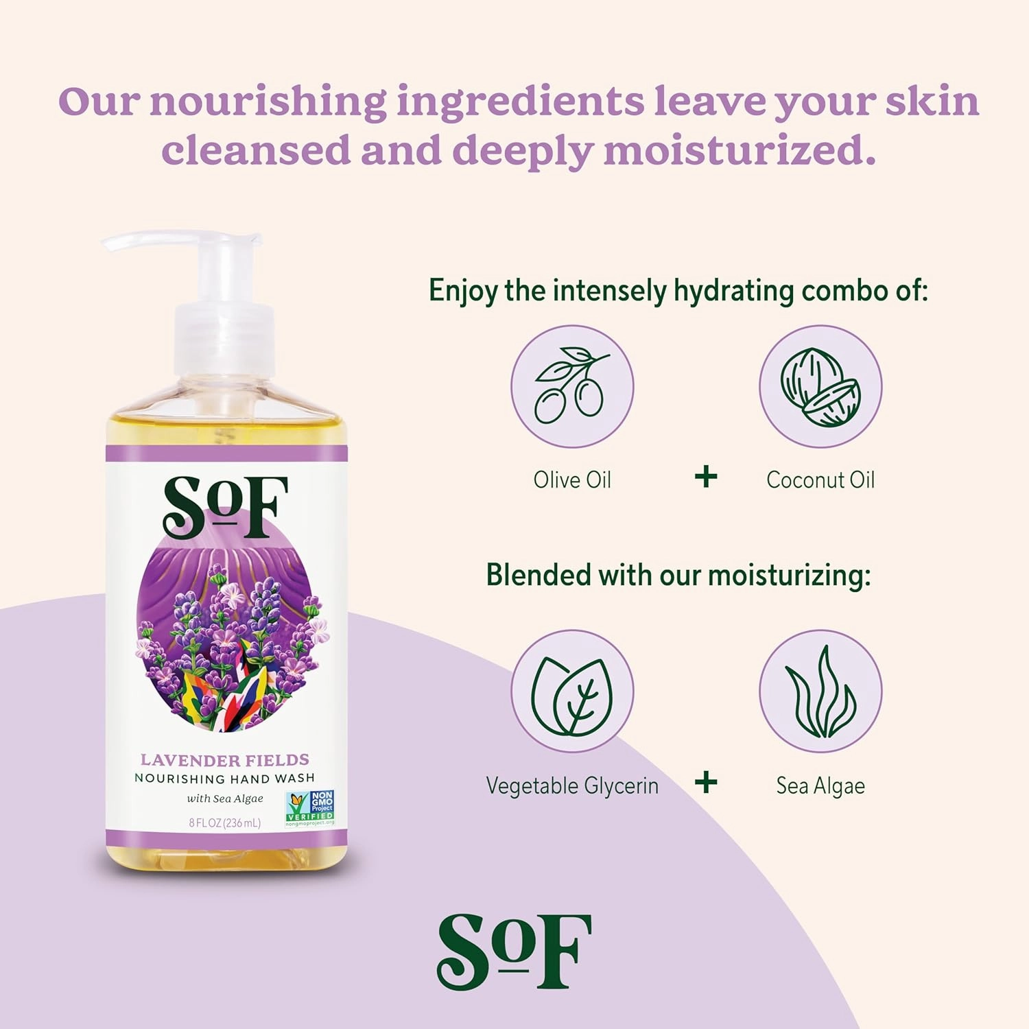 SoF Nourishing Hand Wash - With Moisturizing Sea Algae, Coconut & Olive Oil- Vegan & Non GMO- Free From Phthalates, Sulfates & Parabens- Lavender Fields - 8 oz Bottle 3 Pack