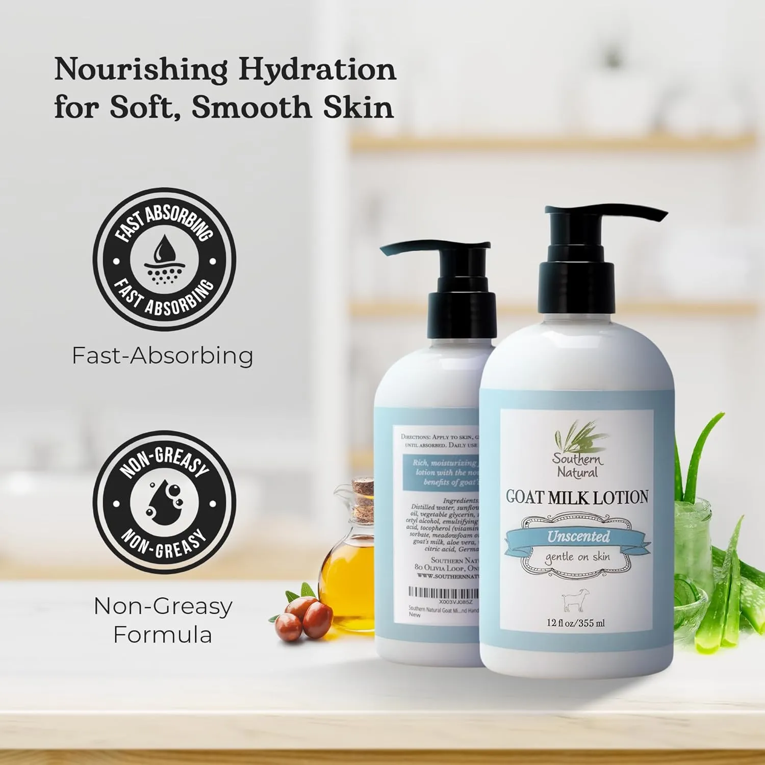 Southern Natural Goat Milk Lotion – Nourishing Face, Body & Hand Moisturizer for Dry & Sensitive Skin - Hydrating Cream, Gentle Skincare for Soft & Smooth Feel - Unscented 12oz