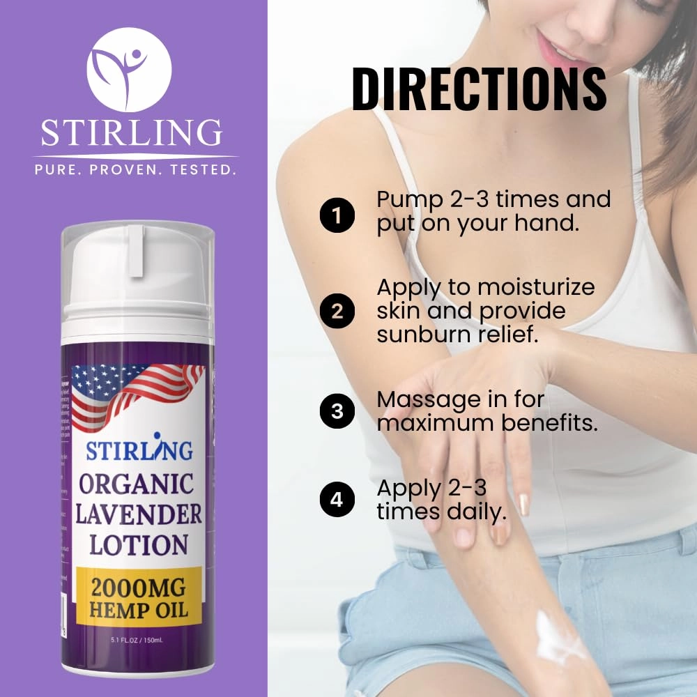 STIRLING Lavender Lotion – Organic Lavender with 2000mg Hemp Oil, Aloe Vera, and Vitamin E – Nourishing and Moisturizing Body Lotion for a Soft and Smooth Feel