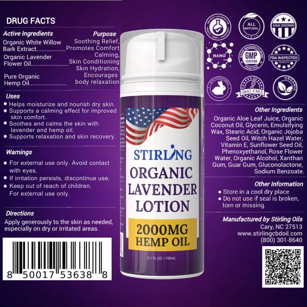 STIRLING Lavender Lotion – Organic Lavender with 2000mg Hemp Oil, Aloe Vera, and Vitamin E – Nourishing and Moisturizing Body Lotion for a Soft and Smooth Feel