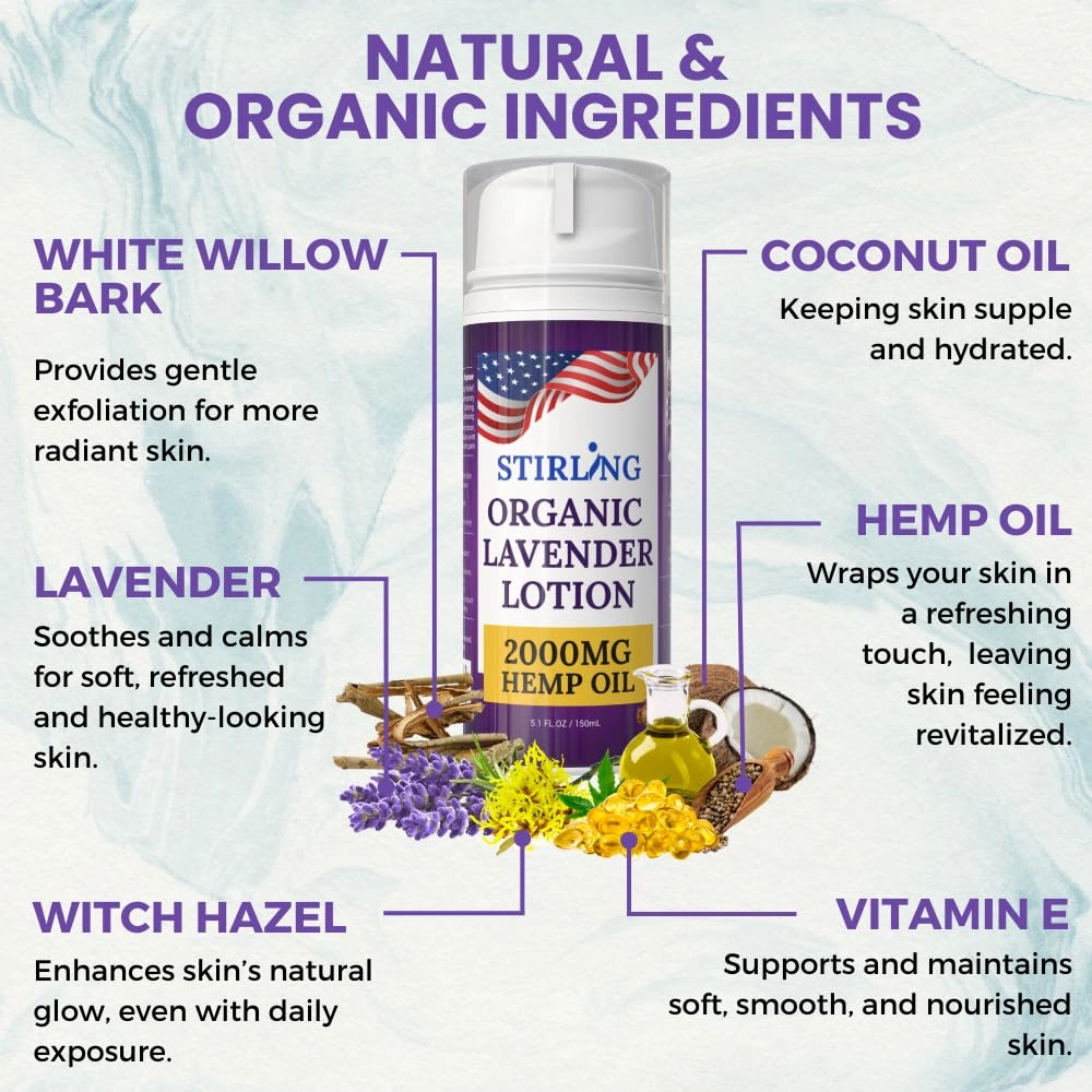 STIRLING Lavender Lotion – Organic Lavender with 2000mg Hemp Oil, Aloe Vera, and Vitamin E – Nourishing and Moisturizing Body Lotion for a Soft and Smooth Feel