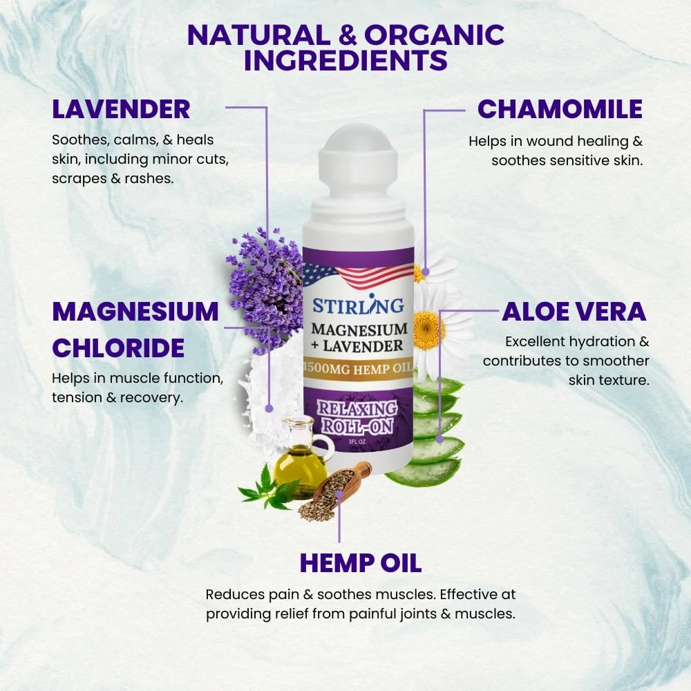Stirling Lavender Roll On Lotion with Magnesium and Pure Hemp (1500mg, Lavender)
