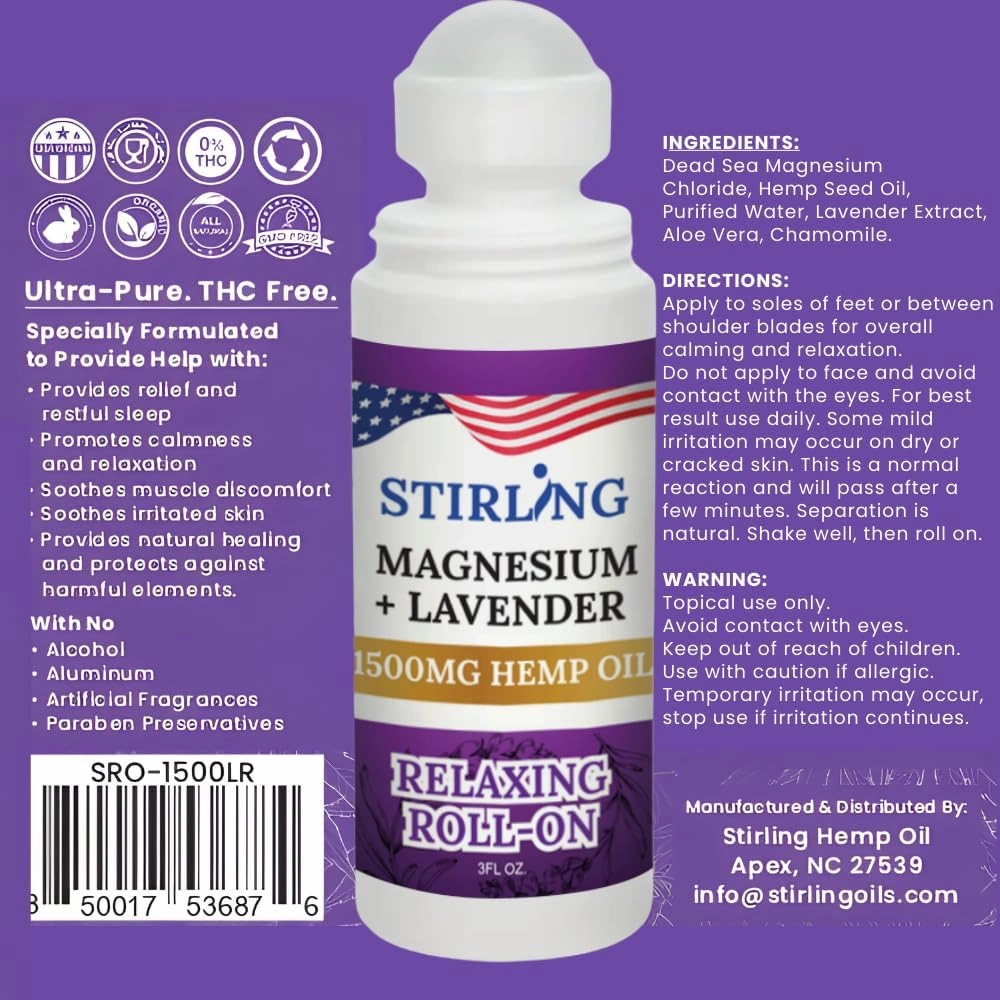 Stirling Lavender Roll On Lotion with Magnesium and Pure Hemp (1500mg, Lavender)