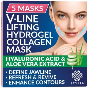 STYLIA V Line Lifting Collagen Face Mask - Double Chin Strap for Women - Jawline Shaper Face Lift Tape - Neck Lift Collagen Mask - Chin Strap for Sleeping - Hyaluronic Acid, Aloe Vera, Cica 5PC