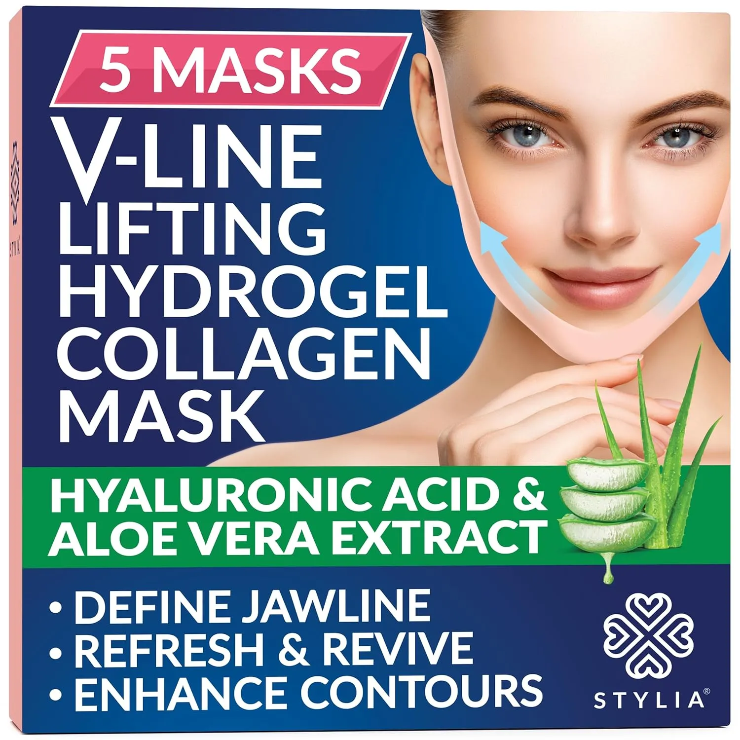 STYLIA V Line Lifting Collagen Face Mask - Double Chin Strap for Women - Jawline Shaper Face Lift Tape - Neck Lift Collagen Mask - Chin Strap for Sleeping - Hyaluronic Acid, Aloe Vera, Cica 5PC