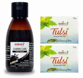 Subaxo Herbal Tulsi Soap (75 g Each, Pack Of 2) & Charcoal Face Wash Tulsi Cleanse(100ml) Combo