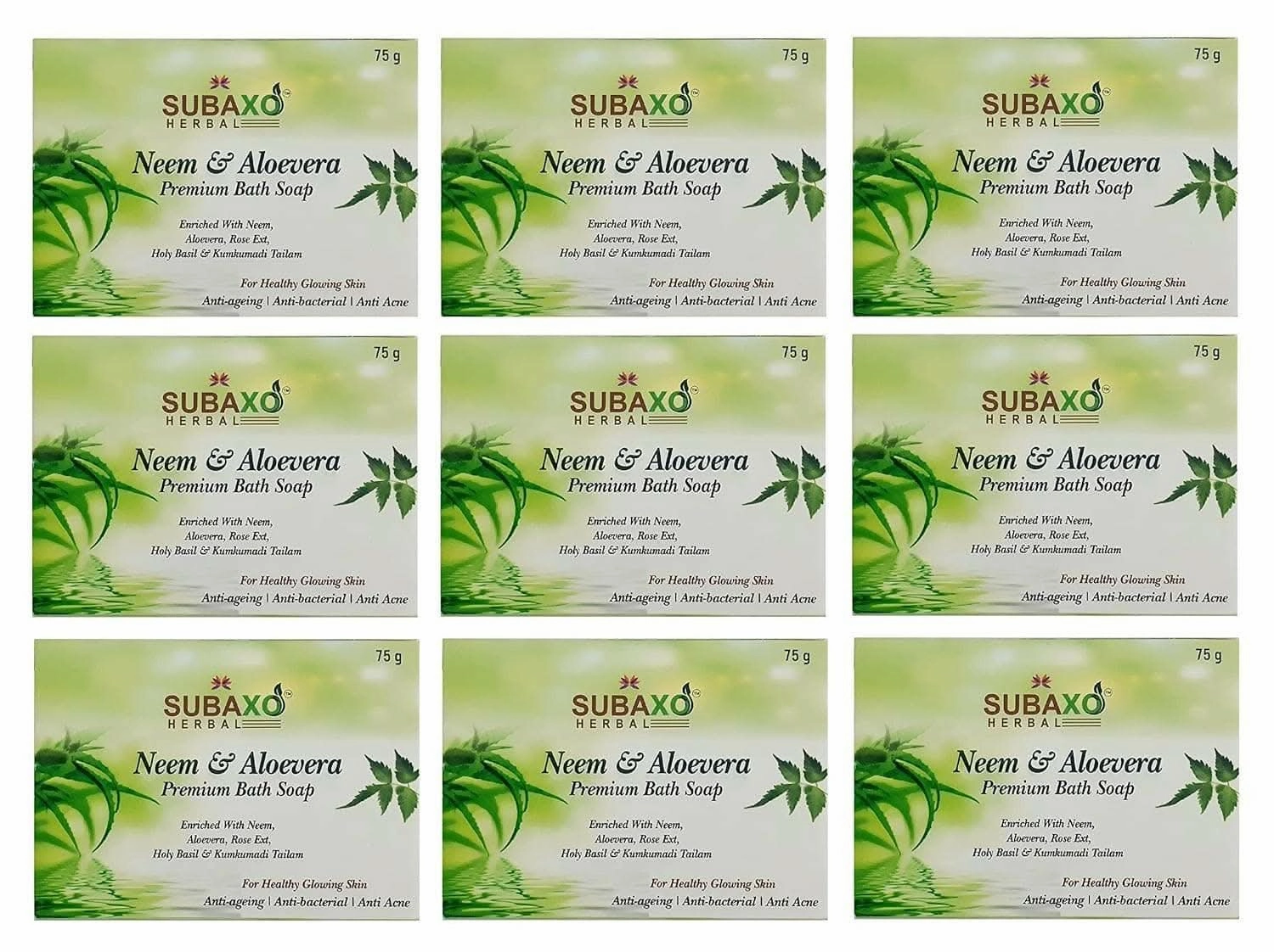SUBAXO Neem & Aloevera Bath Soap Premium for Glowing Skin Anti Acne & Pimple Fighting Soap (9*75g Each, Pack Of 9)