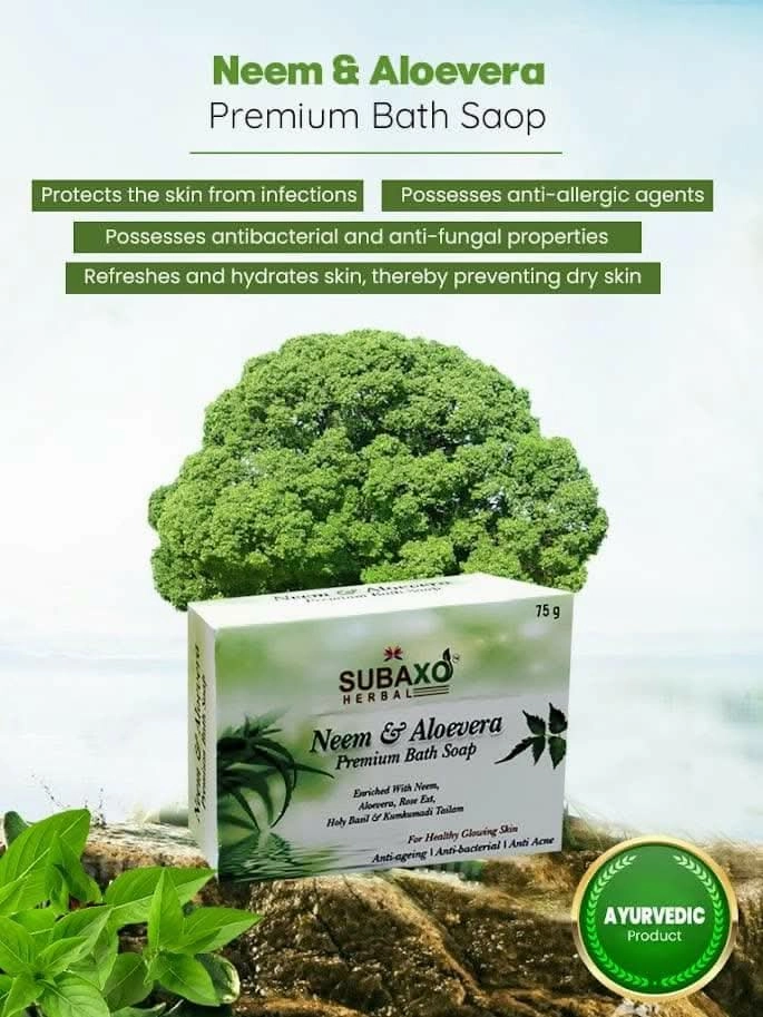 SUBAXO Neem & Aloevera Bath Soap Premium for Glowing Skin Anti Acne & Pimple Fighting Soap (9*75g Each, Pack Of 9)