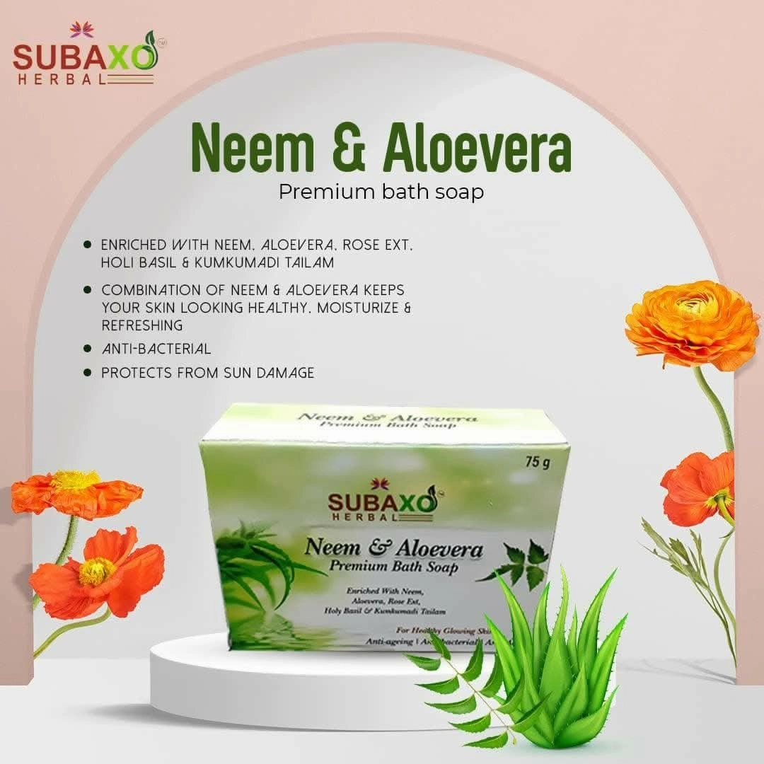 SUBAXO Neem & Aloevera Bath Soap Premium for Glowing Skin Anti Acne & Pimple Fighting Soap (9*75g Each, Pack Of 9)