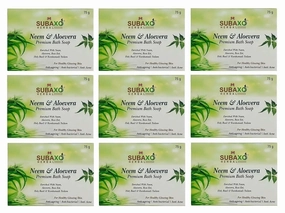 SUBAXO Neem & Aloevera Bath Soap Premium for Glowing Skin Anti Acne & Pimple Fighting Soap (9*75g Each, Pack Of 9)