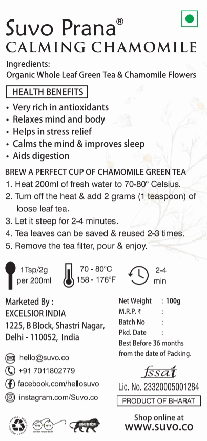 Suvo Prana Calming Chamomile Whole Leaf Organic Green Tea