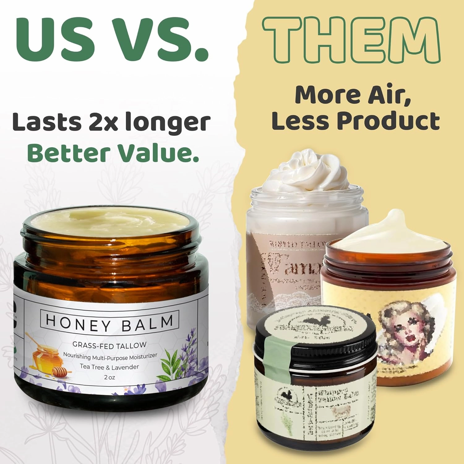 Tallow and Honey Balm, Organic Body Butter, Grass-Fed Beef Tallow for Skin, Soothing All-Natural Moisturizer for Body and Face | Made in USA - 2 oz (Tea Tree & Lavender)