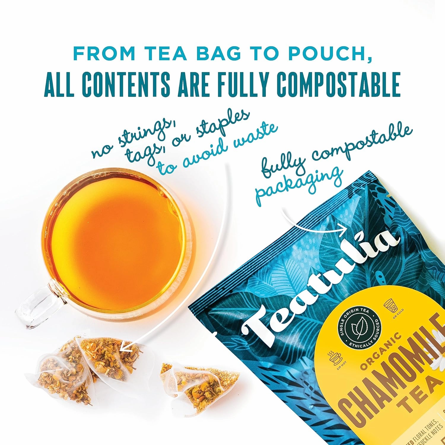 Teatulia Organic Chamomile Tea Bags (50 Pyramid Teabags) Raw Whole Leaf Flower. 100% Compostable And Sustainably Grown In Egypt. Caffeine Free Herbal Camille Tea - Calming Sleepytime Chamomile