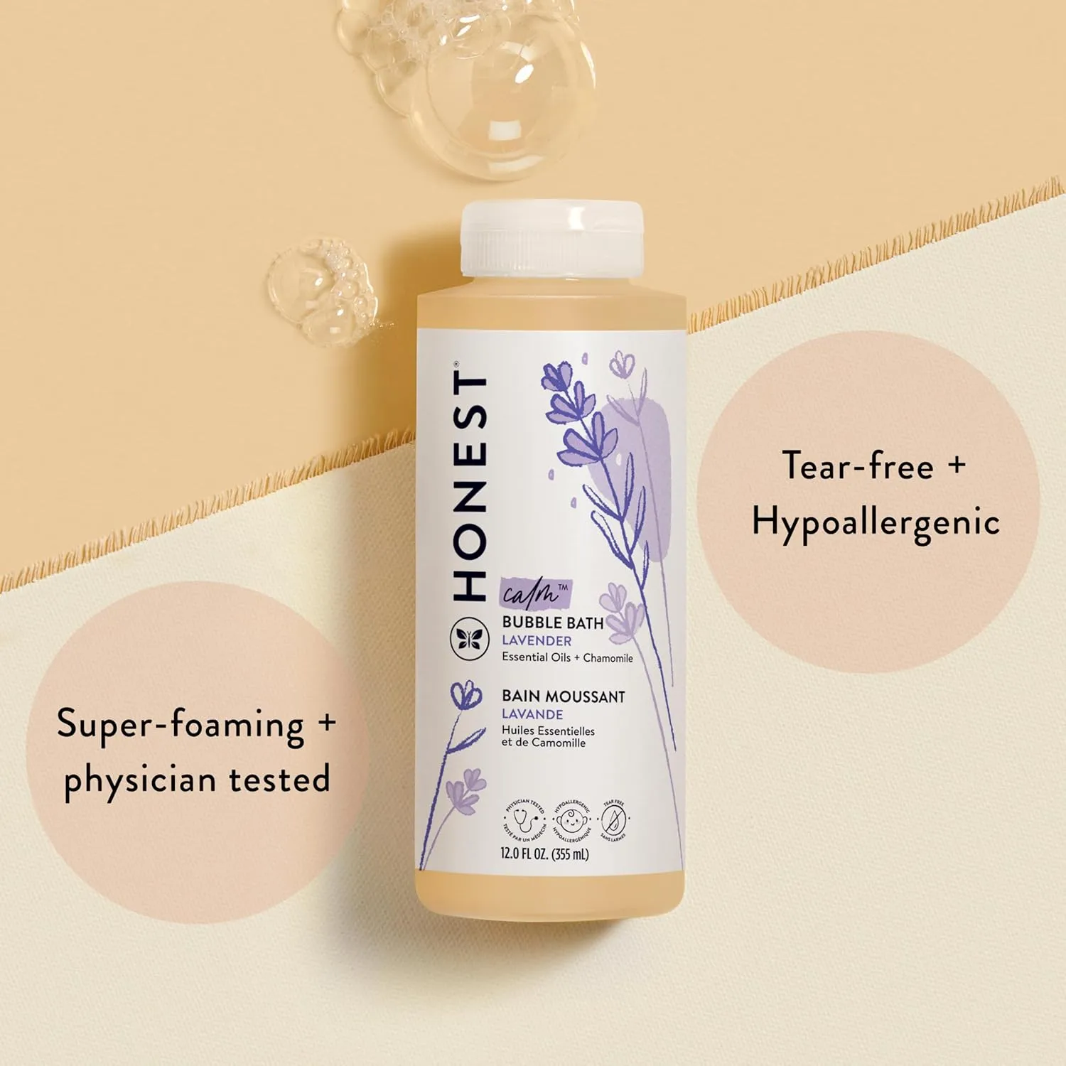 The Honest Company Foaming Bubble Bath | Gentle for Baby | Naturally Derived, Tear-free, Hypoallergenic | Lavender Calm, 12 fl oz