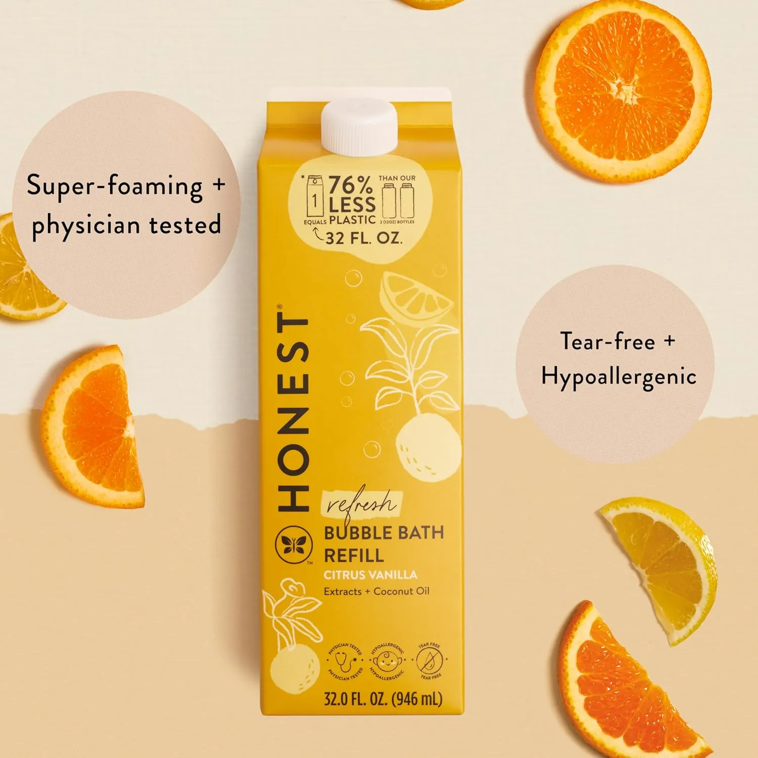 The Honest Company Foaming Bubble Bath Refill Carton | Gentle for Baby | Naturally Derived, Tear-Free, Hypoallergenic | Citrus Vanilla Refresh, 32 fl oz