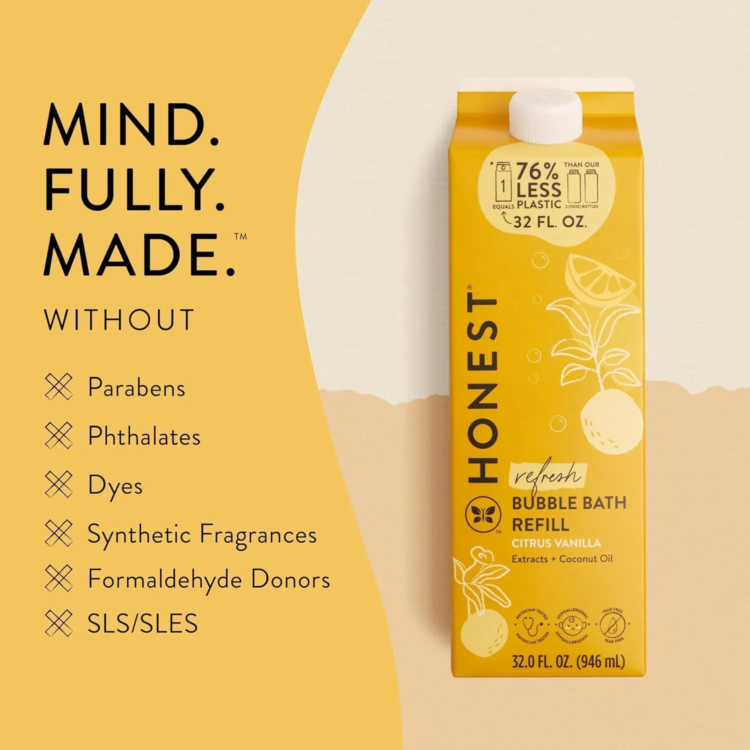 The Honest Company Foaming Bubble Bath Refill Carton | Gentle for Baby | Naturally Derived, Tear-Free, Hypoallergenic | Citrus Vanilla Refresh, 32 fl oz